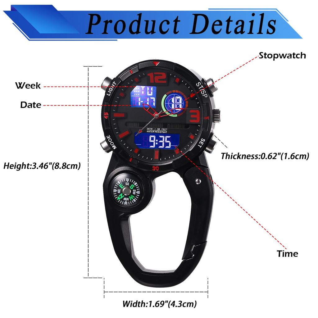 Karabina 3ATM LED Day of the Sports Horské outdoorové příslušenství Day Boyfriend Present Watch, Ana-Digital Display, Watch, Waterproof,