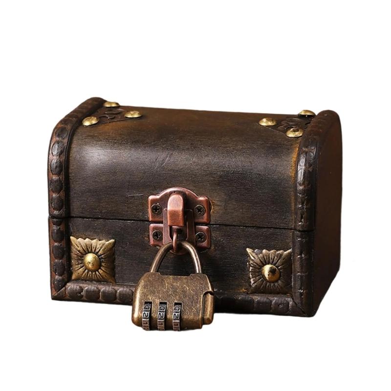 Vintage Wooden Treasure Chests Lockable Jewelry Storage Box Antique Style Decorative Organizers for Home Bedroom Decors