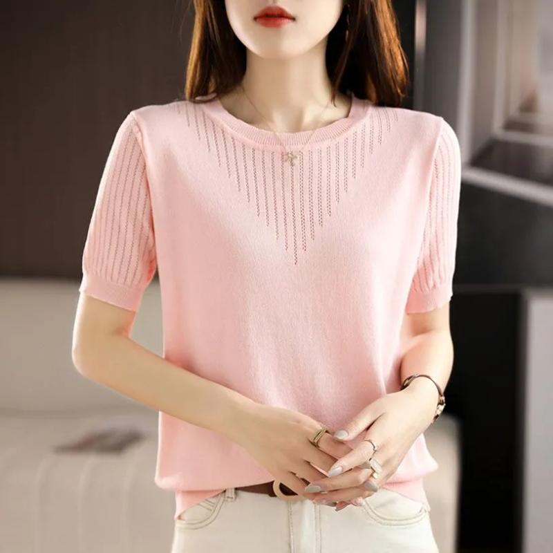 

Women s Beige Hollow Out Knit T-Shirt Round Neck Short Sleeve Casual Loose Fit Top M розовый