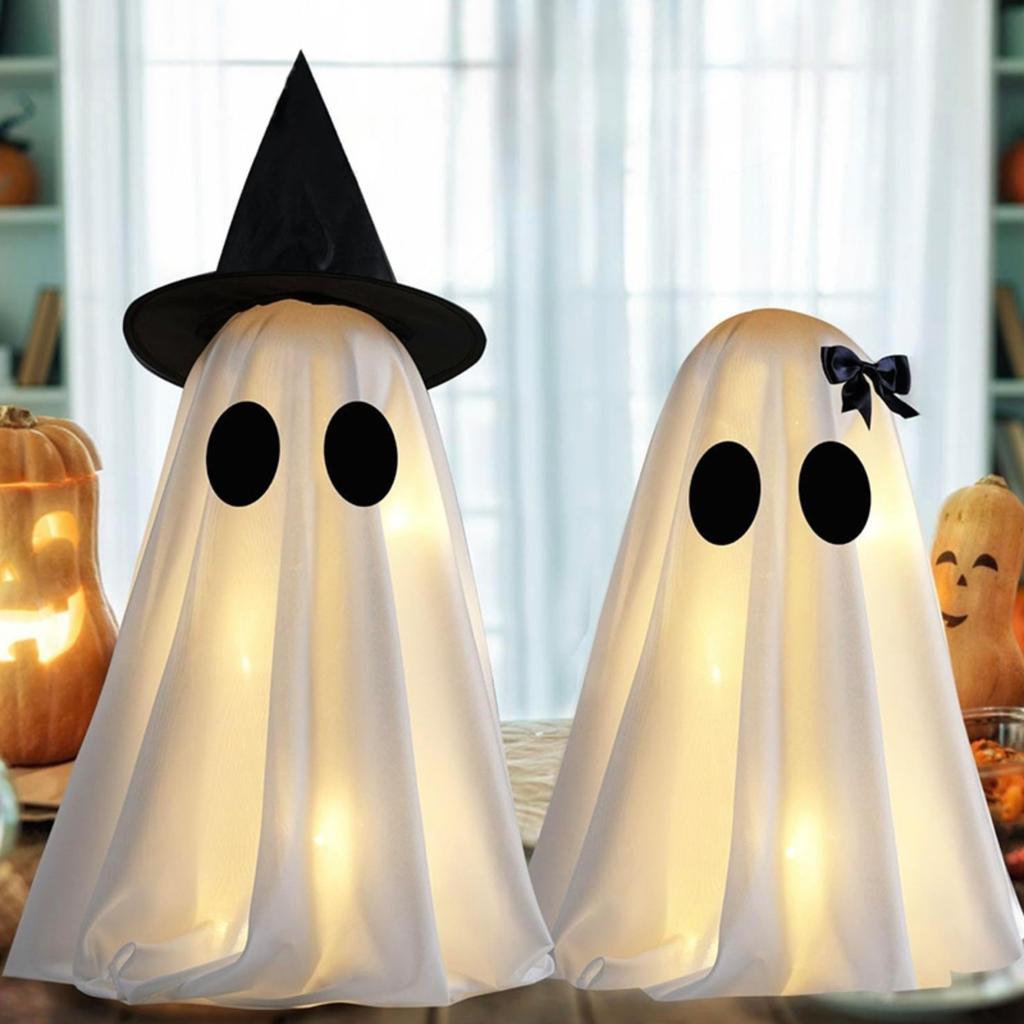 Outdoor Halloween Tabletop Ghost Decoration with Witch Hat Lightweight Fabric Cover for Porch and Garden Seasonal Party Decor