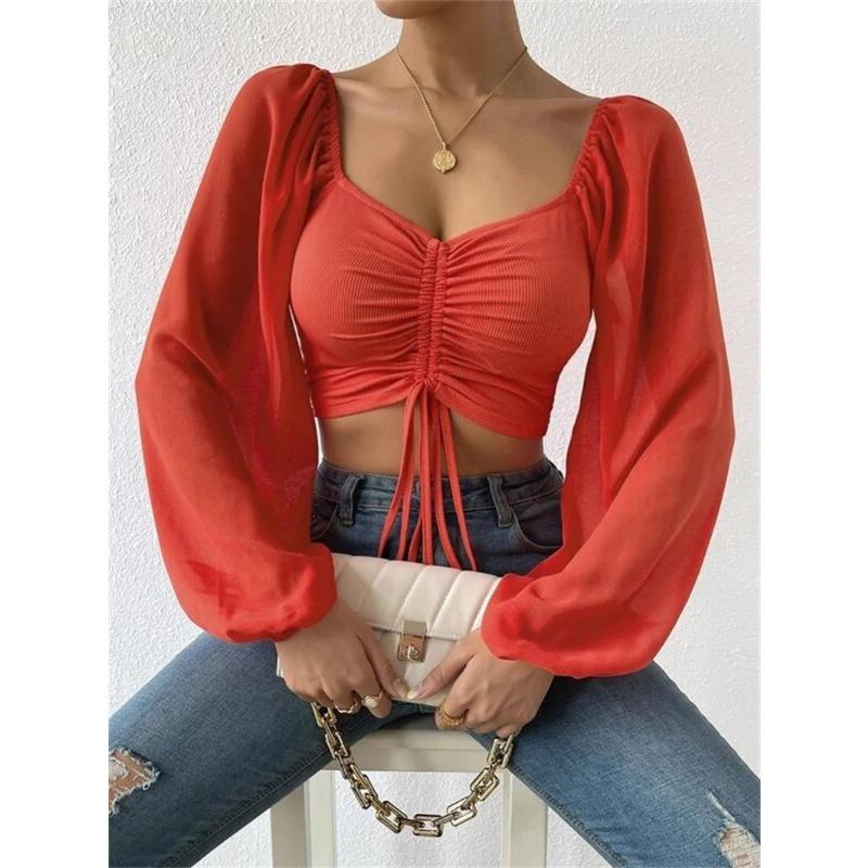 Spring Women's Blouse Low-cut Sexy V-neck Splicing Chiffon Drawstring Lantern Sleeve Slim Tops