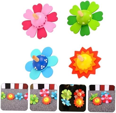 4 PCS Wooden Spinning Tops Toy Colorful Flower Design Hand Spun Tops for Kids Birthday Party Games Hand Eye Coordination Training Toy