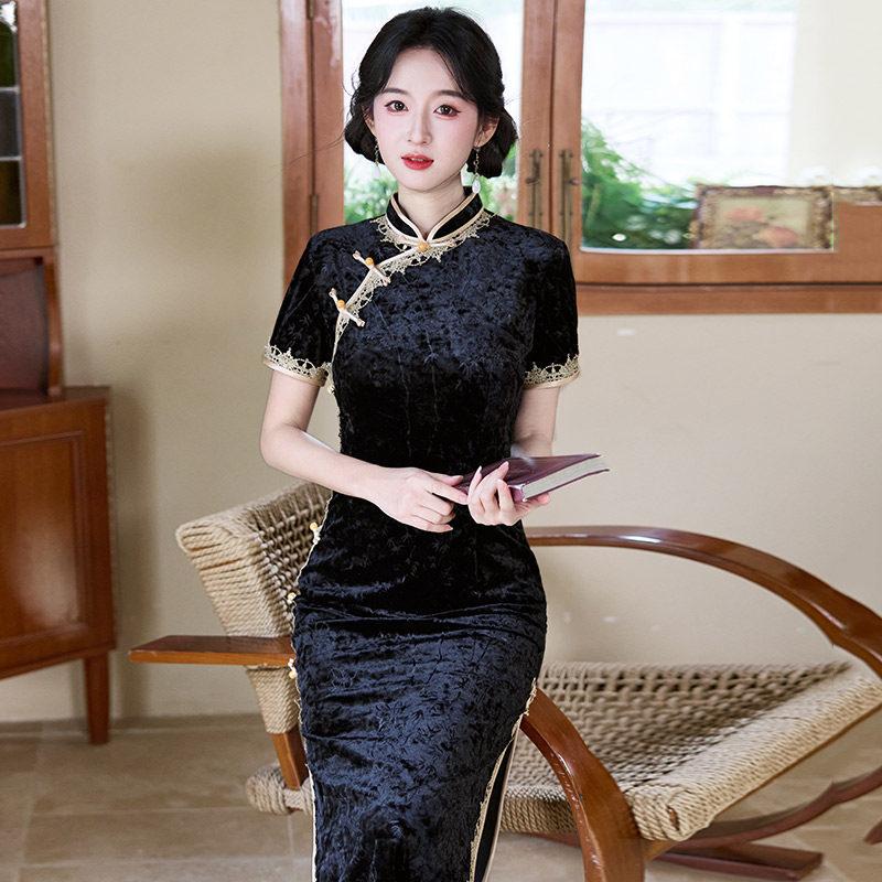 Black velvet national style new Chinese style Suzhou long autumn cheongsam improved young women's high sense daily wear