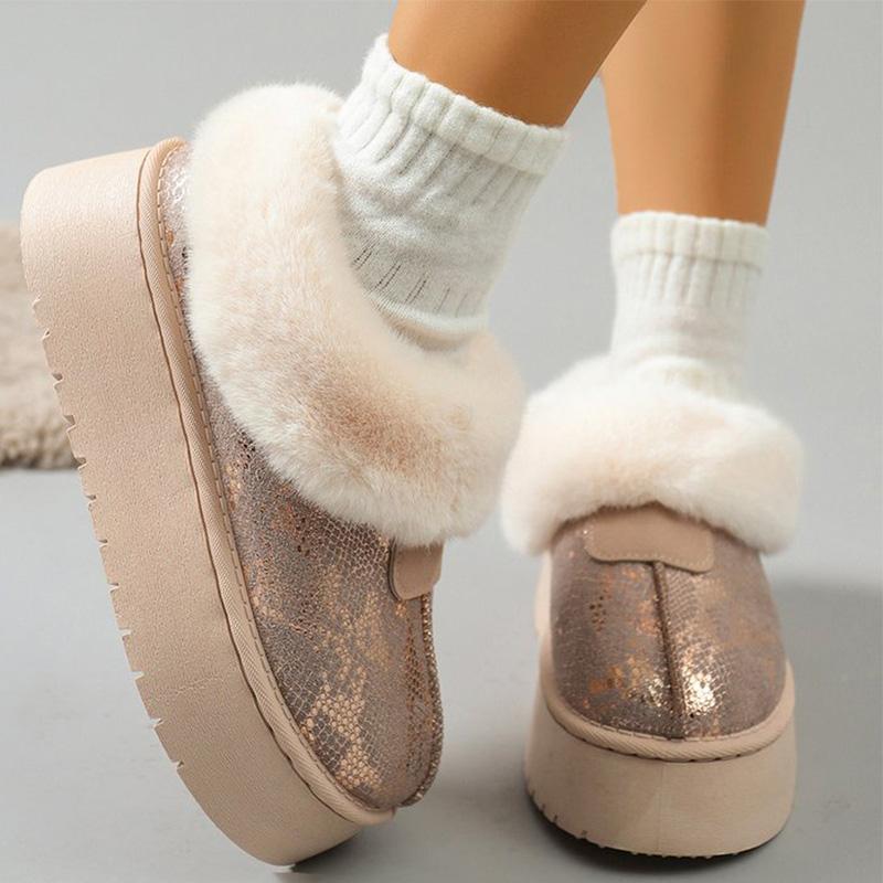 Fashion Chic Beige Shiny Snow Boots for Women 2025 Winter Korean Short Plush Warm Boots Woman Round Toe Thick Bottom Booties Female