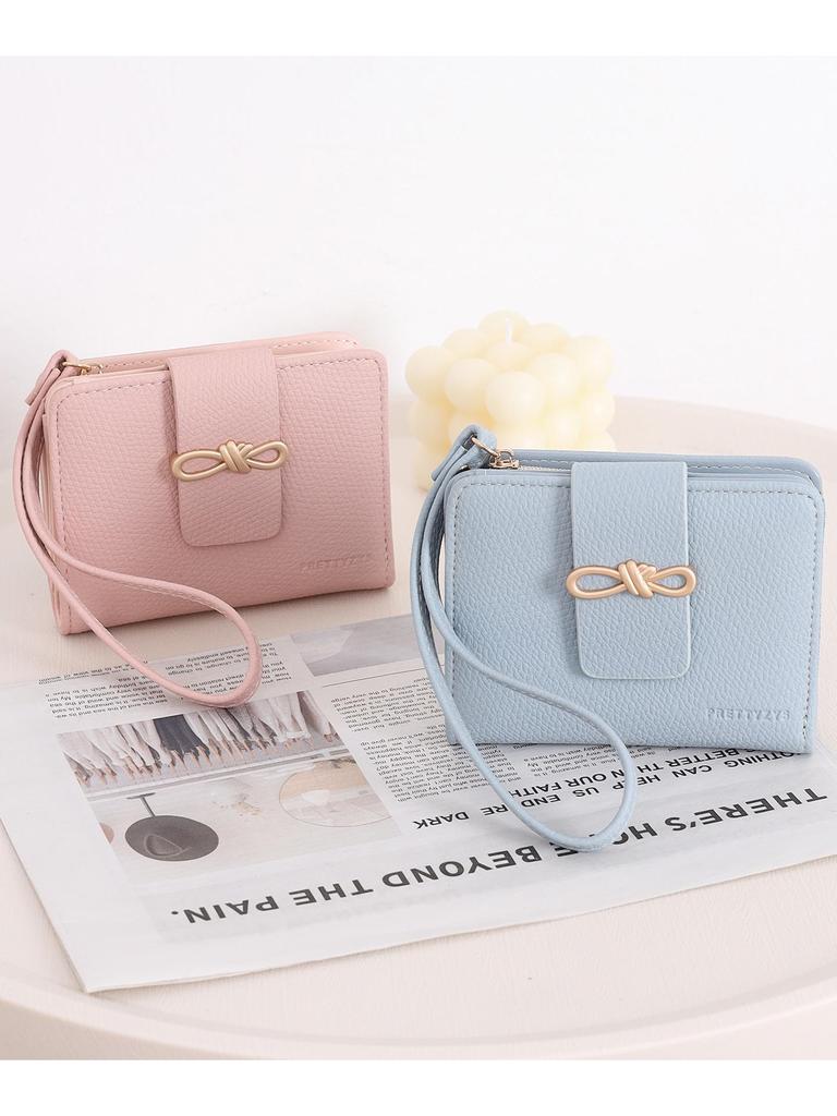 Korean Style Women's Bow Short Wallet Clutch with Zipper Wristlet