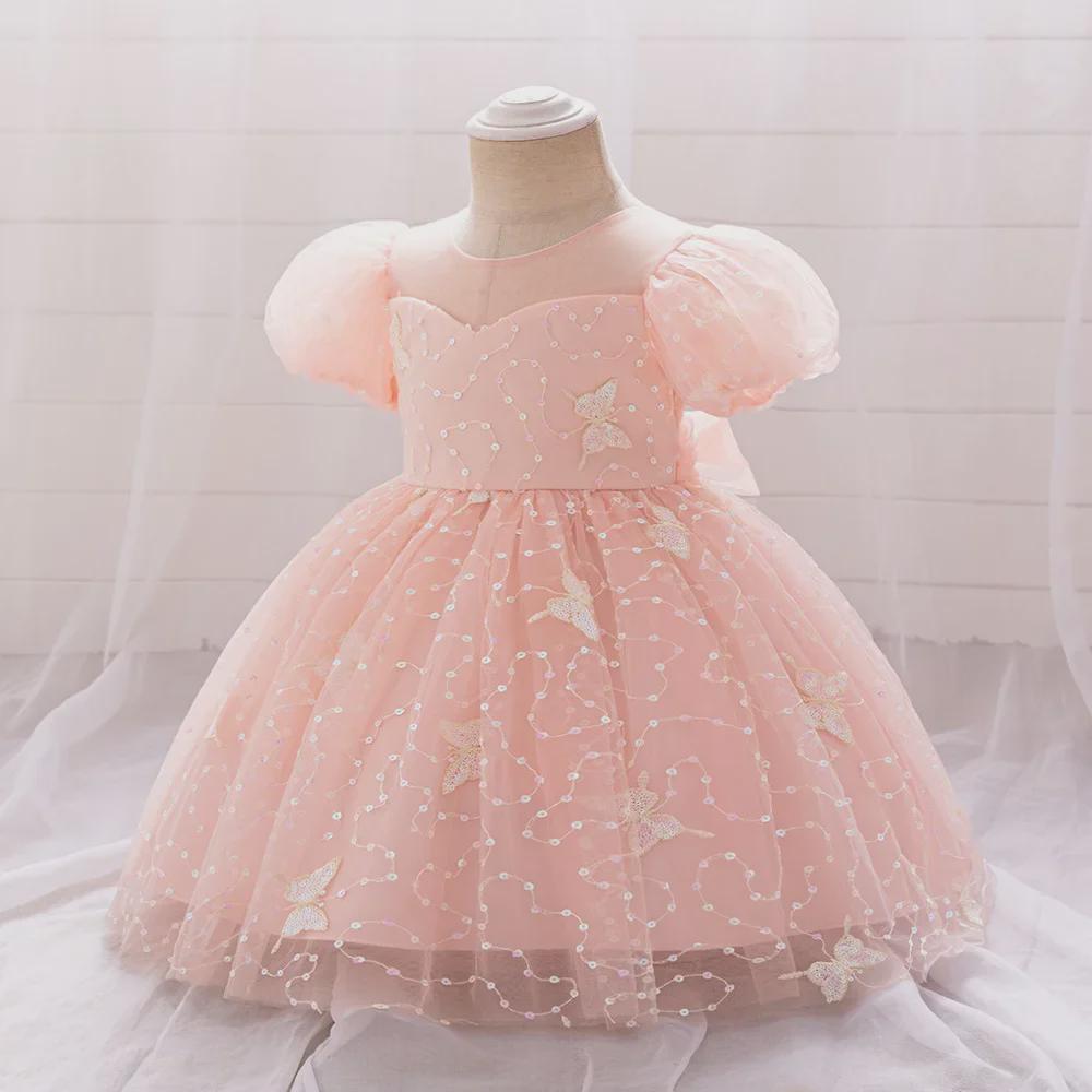 One-Year-Old Pink Puff Sleeve Flower Girl Princess Dress with Mesh Skirt