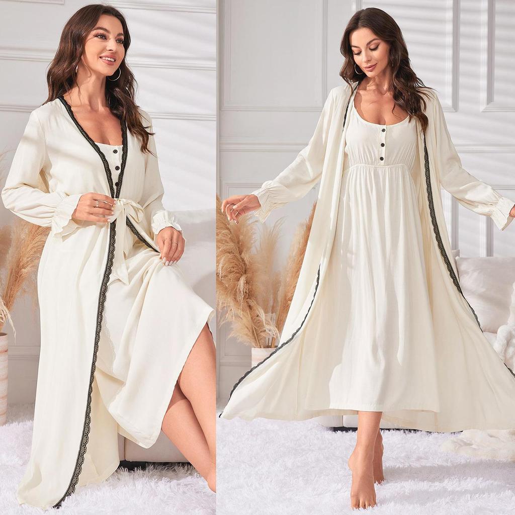 Women's Minimally Casual Mid Length Camisole Nightgown Night-robe Pajamas Sling Nightdress Lace Trim Long Sleeves Robe Home Casual Sleepwear