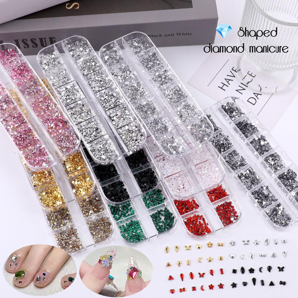 Nail Art Schmuck 12 Gitter Silber Mini Speziell geformter Diamant Acryl Stern Liebe Wassertropfen Schleife Gemischt Flachboden Diamant