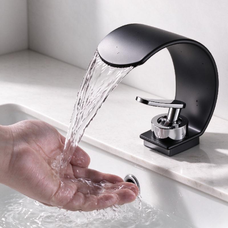 Wide-spouted basin waterfall tap, solid brass, black, hot and cold water, countertop basin tap with large spout