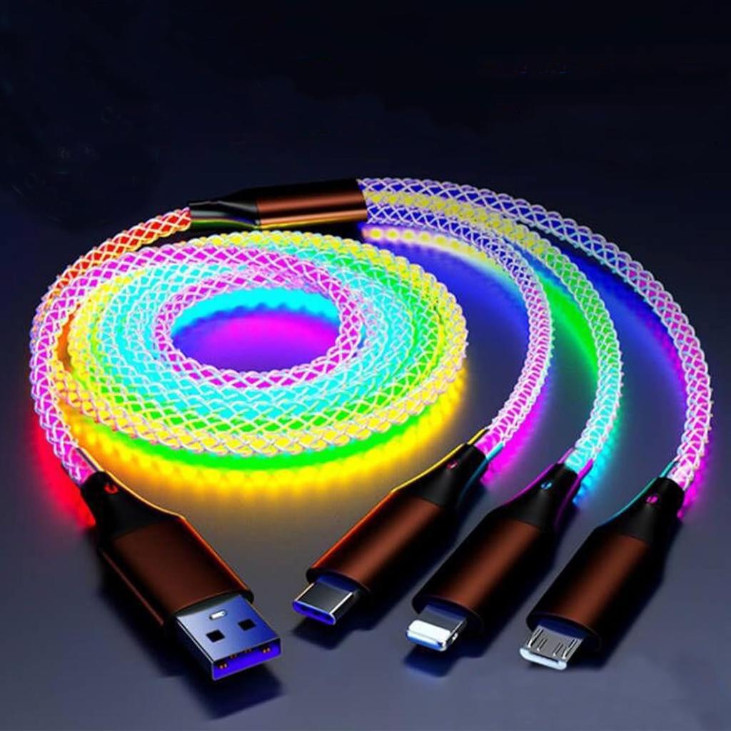 66W three in one LED charging cable RGB mobile LED fast charging cable/C-type/Micro USB cable suitable for mobile phonesSamsung,Huawei, Android, Sony