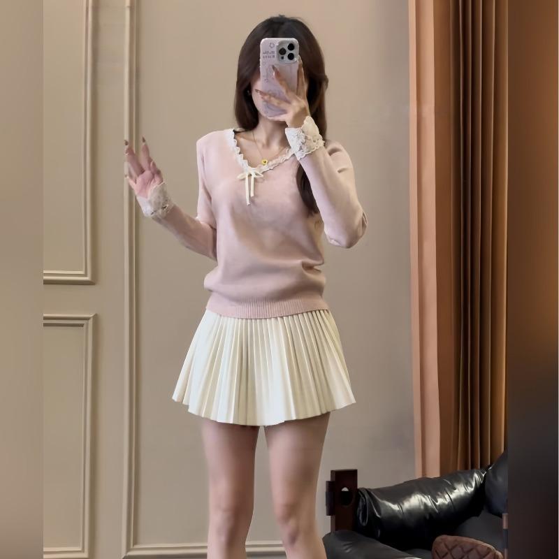 Lace V-neck Knitted Sweater Women's Autumn and Winter Slim-fitting Waist Long-sleeved Inner Top Soft Waxy Backing Fashionable Sweater
