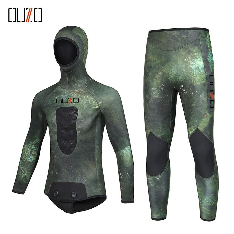 Mens 3.5mm Neoprene Separate Wetsuit Diving Snorkeling Surfing Winter Swimming Camo Green Hooded
