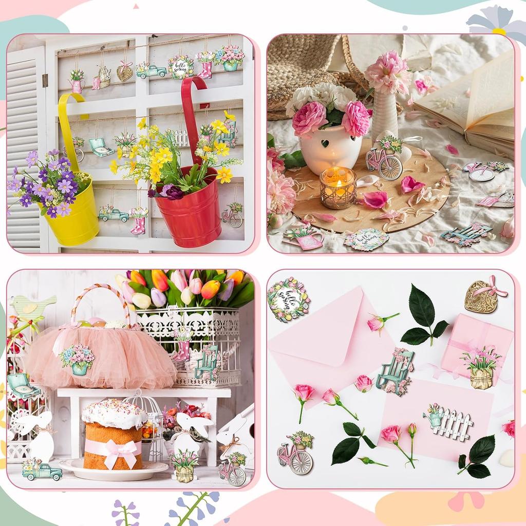 36 Pcs Pastel Spring Ornaments for Tree Wooden Flower Decorations Tulip Truck Watercolor Floral Hanging Decor Wood Spring Decor for Home Small Tree