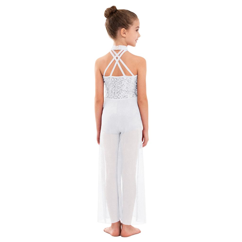 Mono de tirantes cruzados en la espalda, cuello alto, sin mangas, con lentejuelas brillantes, de malla, con abertura en la pierna ancha, para danza lírica