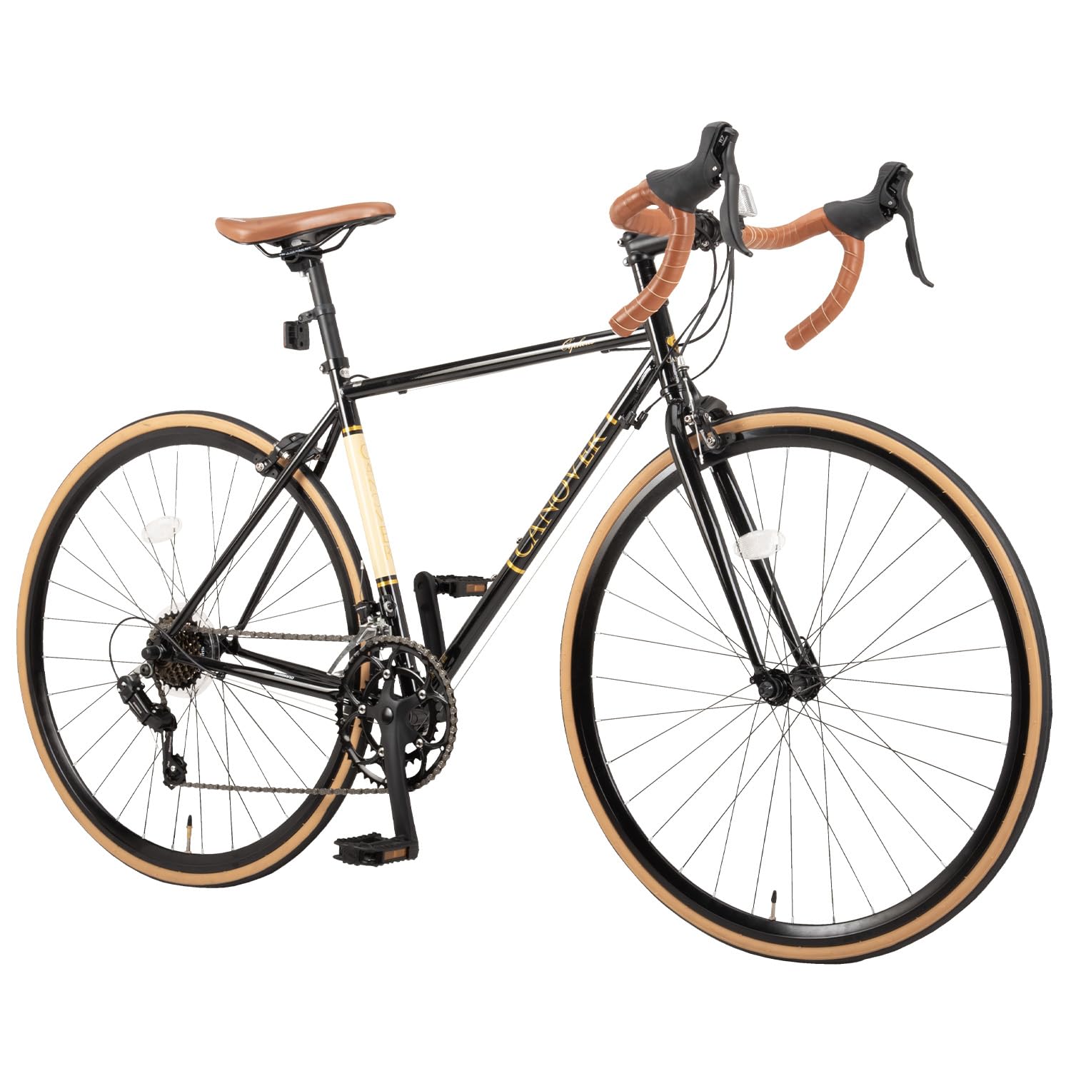 

Велосипед CANOVER шоссейный велосипед Shimano 14 скоростей 700x25C американские черные покрышки рама из хромомолибдена классический дизайн черный CAR-013 (ОРФЕЙ)
