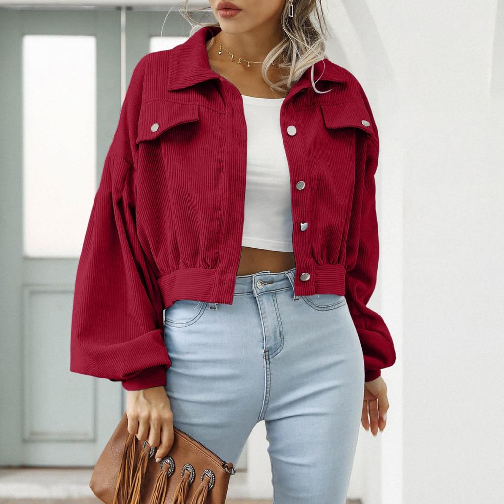 Damen-Cordjacke mit Reverskragen und Ärmeln, einreihiger Freizeitmantel für den Herbst