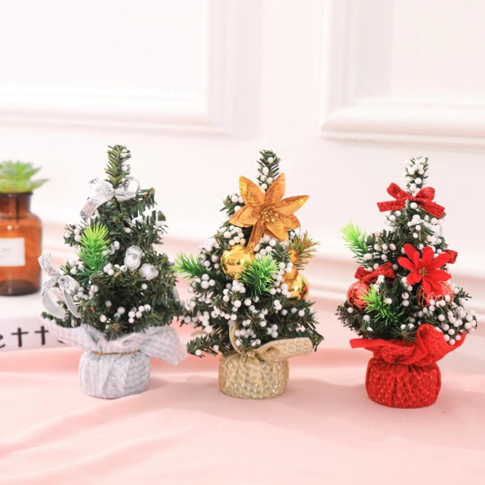 Mini Christmas Tree Decor - Handmade Small Tabletop Christmas Tree with Ornaments, Bows & Berries for Holiday Home & Office Decoration