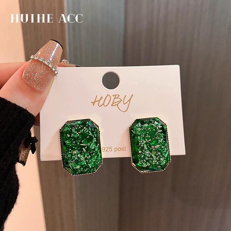 

Серебряные игольчатые ретро-серьги из зеленой смолы квадратные серьги высокого класса нишевые индивидуальные модные серьги простые серьги