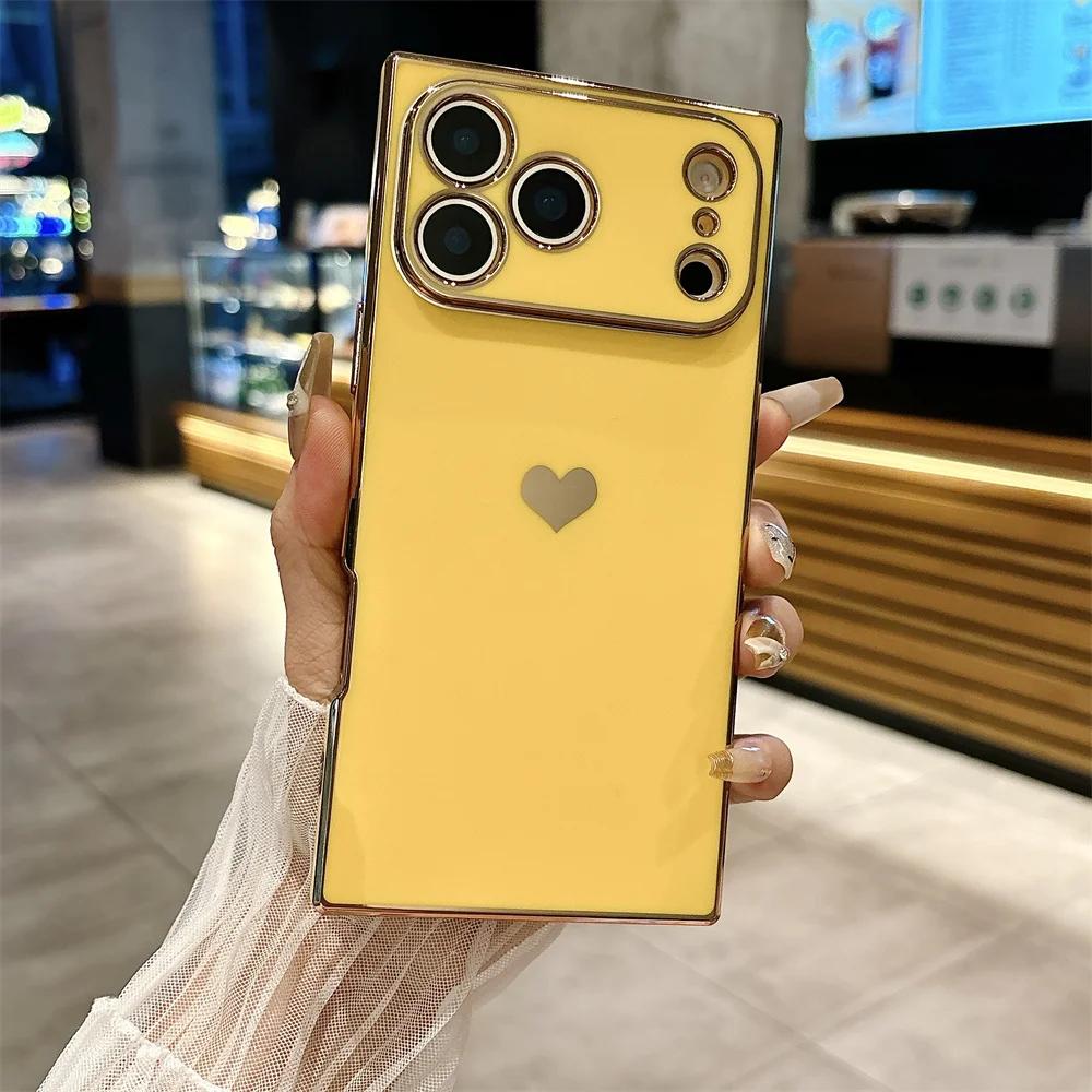 Fashion Plating Glossy Silicone Heart-Shaped Case For IPhone 17 Pro Max Air 16 15 14 13 12 11 Plus Shockproof Bumper Back Cover
