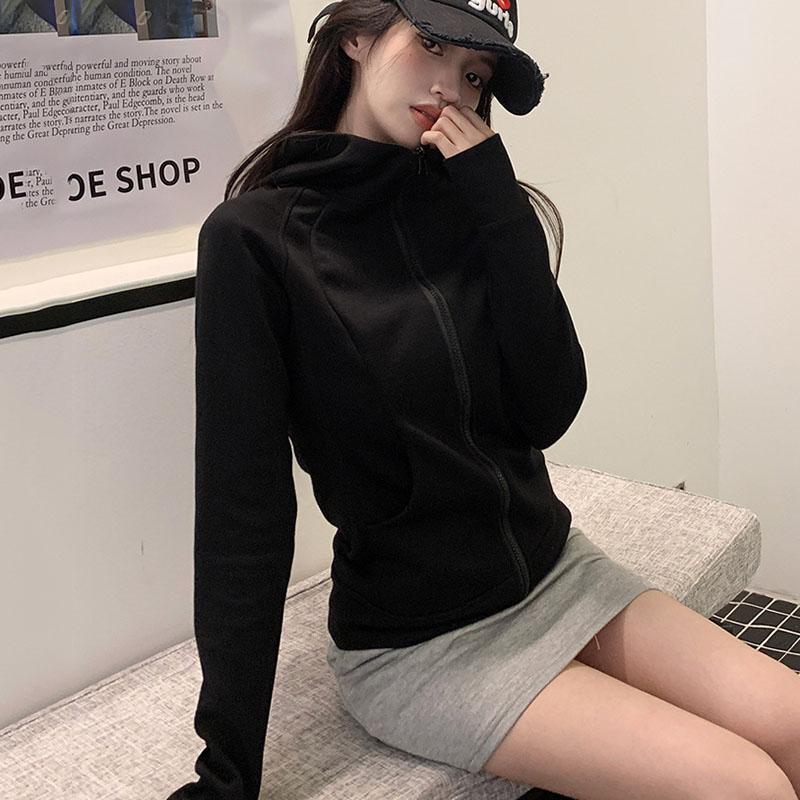 Gray Zipper Hooded Sweatshirt Women Slim Fit Cardigan Long Sleeve Coat Solid Pockets Sports Hoodies Jacket