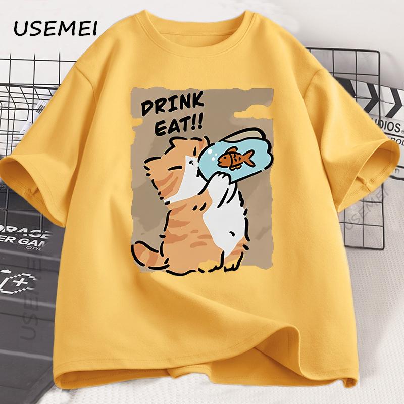 Funny Cat Eat Fish T-shirt Trend Printed Cotton Round Neck T-shirt Men and Women with The Same Loose Casual Short Sleeve Tees