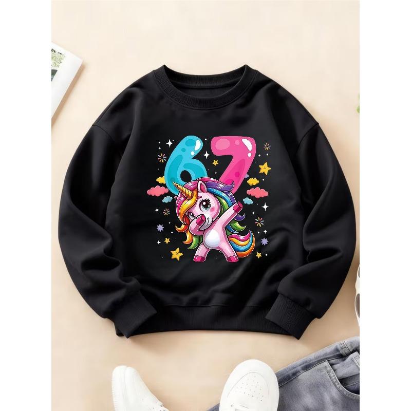 Kids Girls Crewneck Sweatshirt, Cute Dab Unicorn Cartoon With Glossy Blue Number 6 & Pink Number 7 Cloud Star Confetti Print Pullover For 7th Birthday