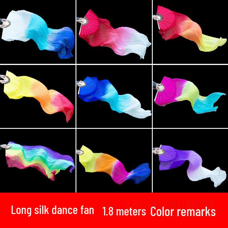 Double-Sided Long Silk Dance Fan with Streamer for Yangko and Square Dance Performance