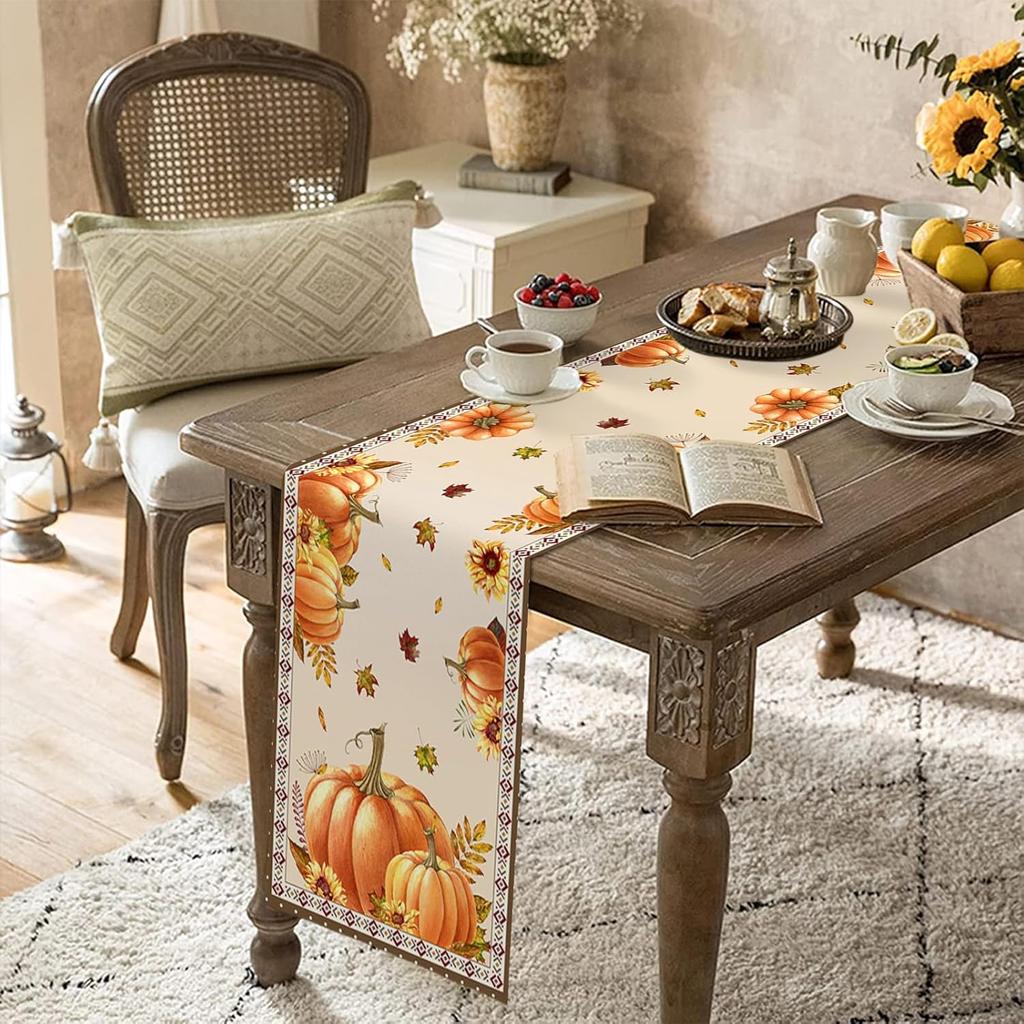 Fall Pumpkin Maple Leaf Linen Table Runner Holiday Party Decor Reusable Kitchen Dining Table Runner Thanksgiving Decortaions