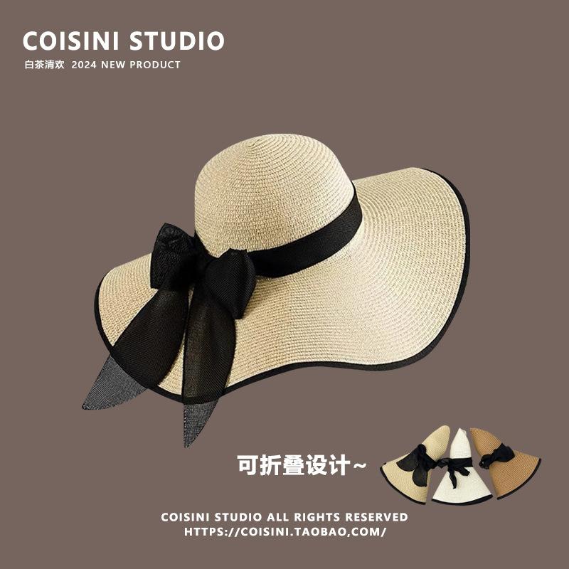 Straw hat women's sun protection summer oversized brim sunshade beach hat vacation foldable streamer bow hat women