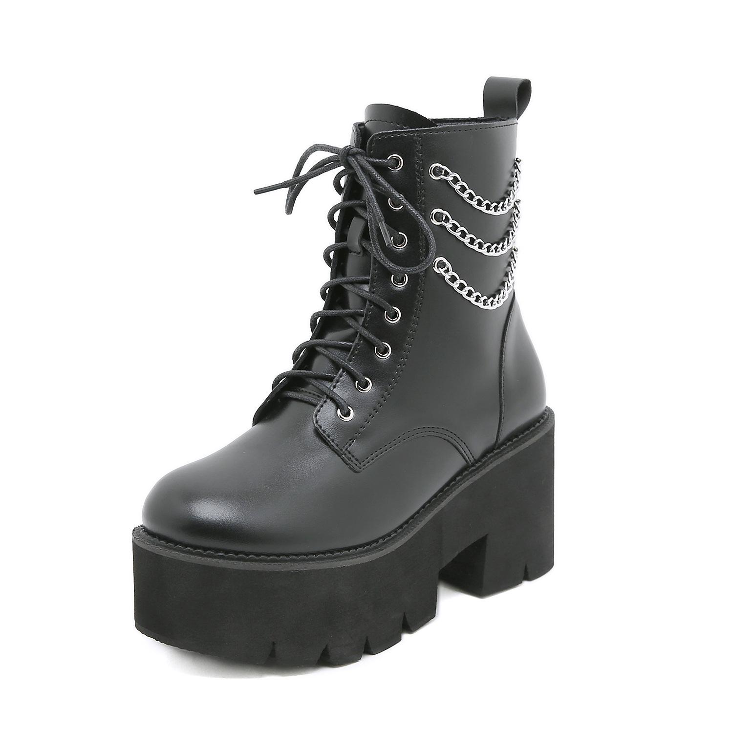 

Осень и Зима Ботинки Мартин Жемчужная Цепь Толстая Подошва Боковая Молния Женские Ботинки Шнуровка Спереди Рыцарские Ботинки Женские 43 чёрный