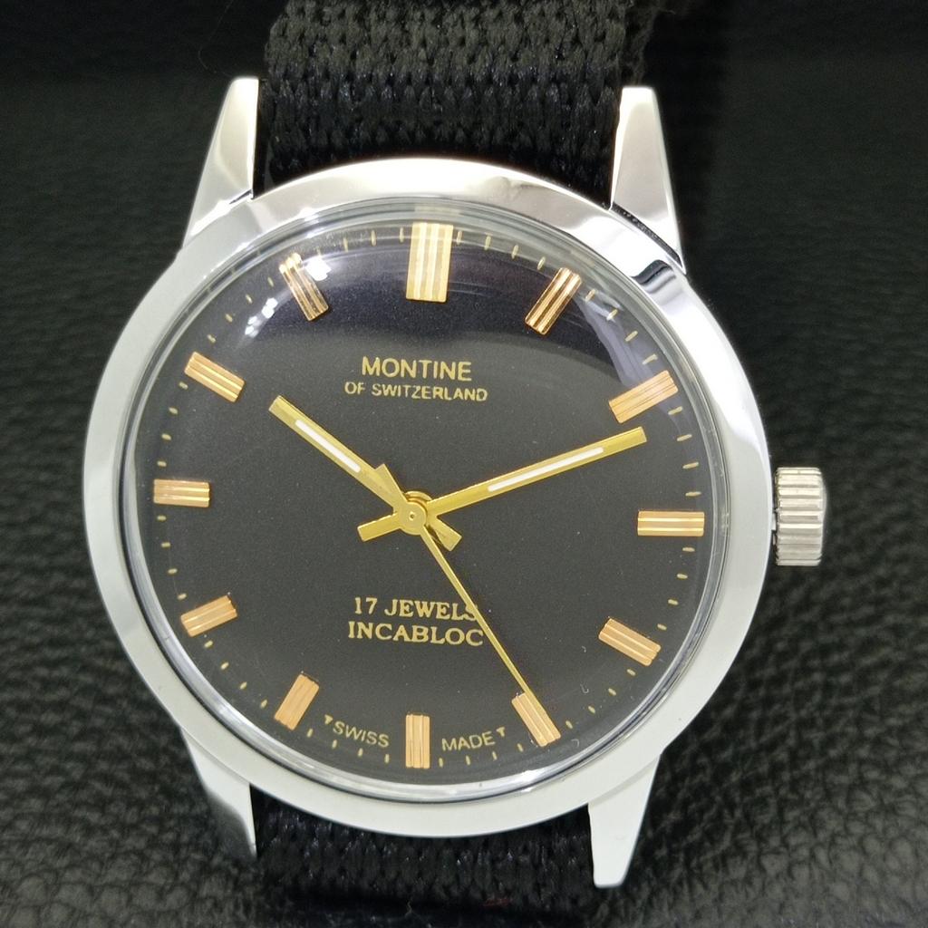 HAND-WINDING VINTAGE MONTINE SWISS MENS REFURBISHED BLACK DIAL WATCH A441077-1