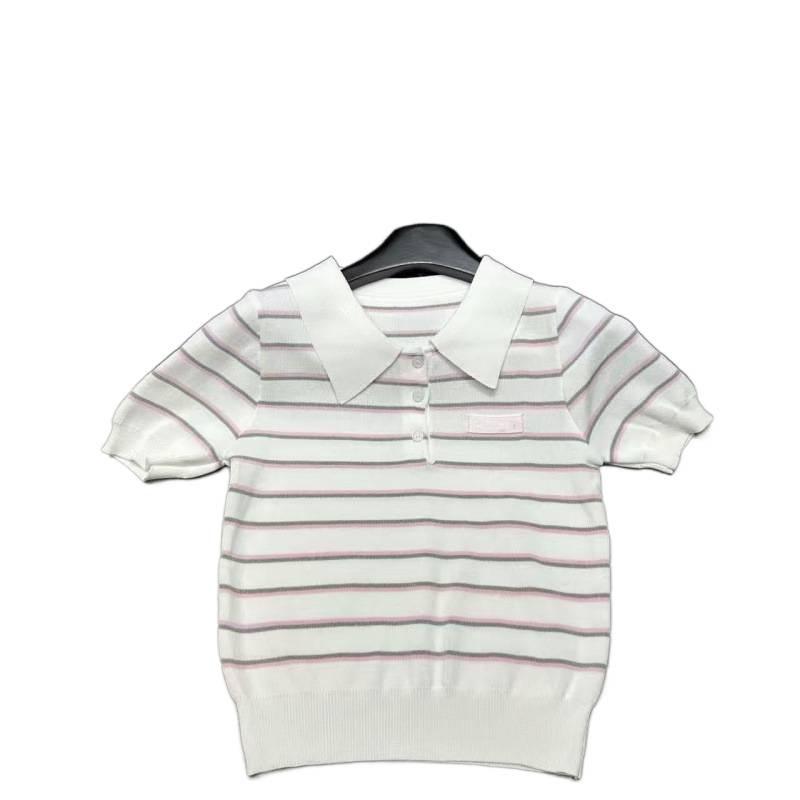 European Style Slimming Knit Polo - 26 New Spring/Summer Stripe Lapel Short Sleeve Top