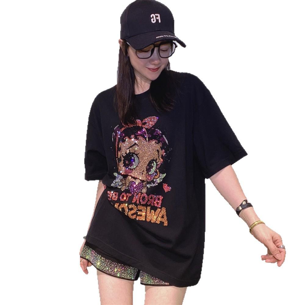 Plus Size Cartoon Girl Pattern Diamonds Short Sleeve Tees for Women Summer Clothing Thin Casual Loose O Neck T Shirt Knitwear