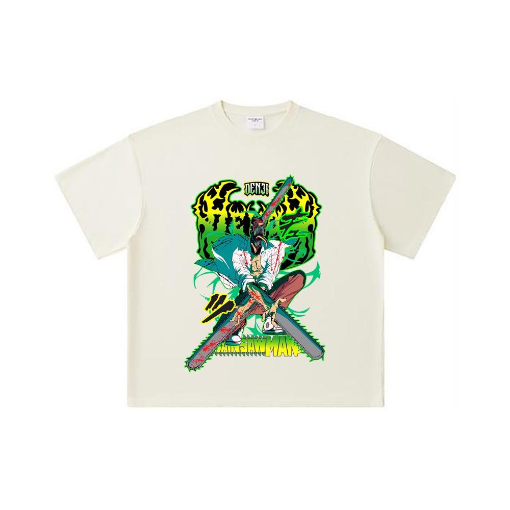 

260 GSM Double Yarn 32 Count 100% Cotton Chainsaw Man V36 Denji Pochita Print Unisex Heavy Cotton T Shirt S абрикосовый