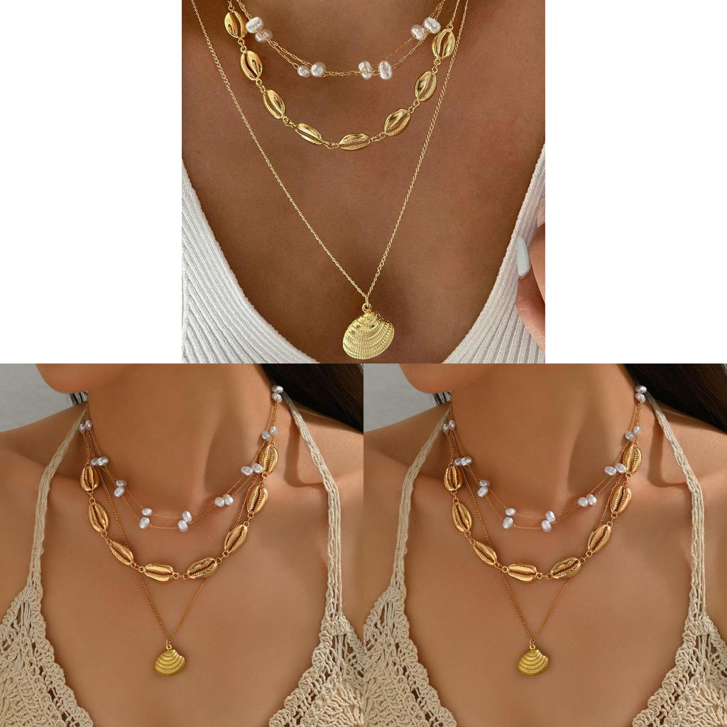 Summer Shell Necklace For Women With Multilayer Geometric Pendant And Pearl Accents