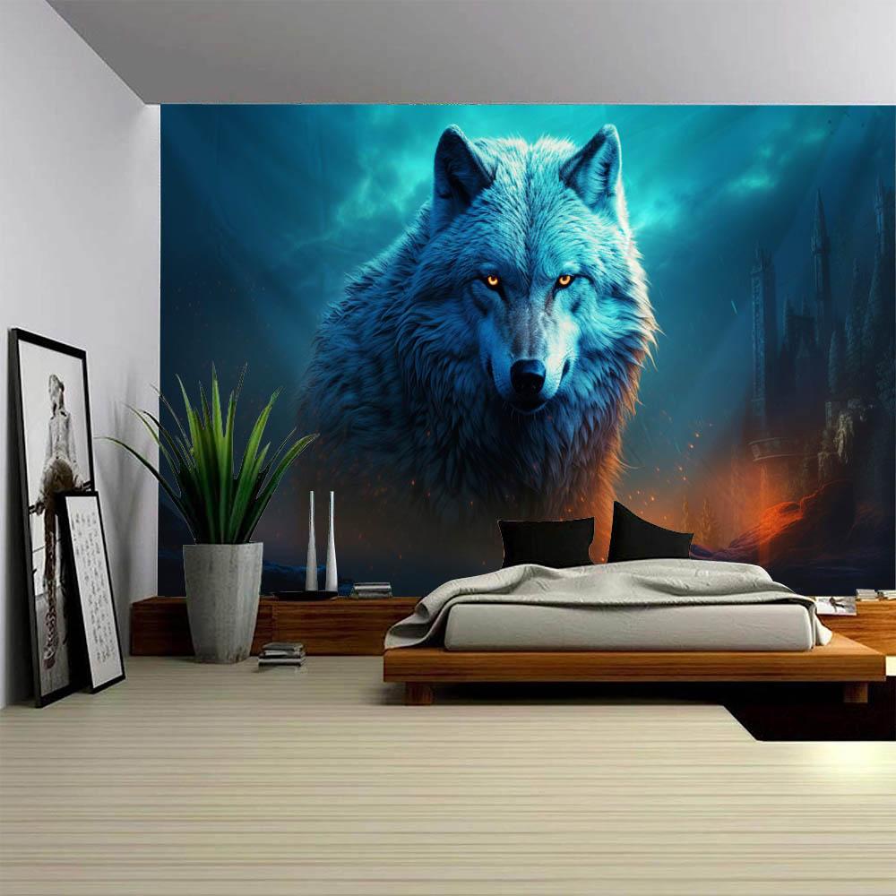 Wolf King Guardian Castle Tapestry - Forest Snow View Nordic Style Wall Hanging Cloth for Living Room Bedroom Decoration