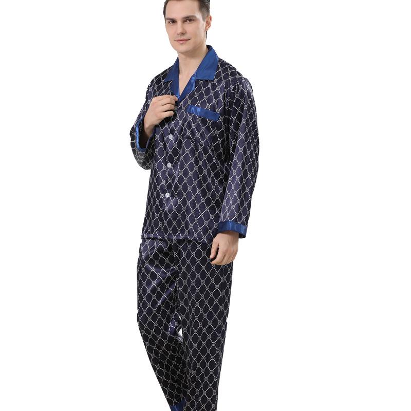 Men's Silk Print Pajamas Set - Long Sleeve Ice Silk Sleepwear for Spring/Summer, Plus Size Available