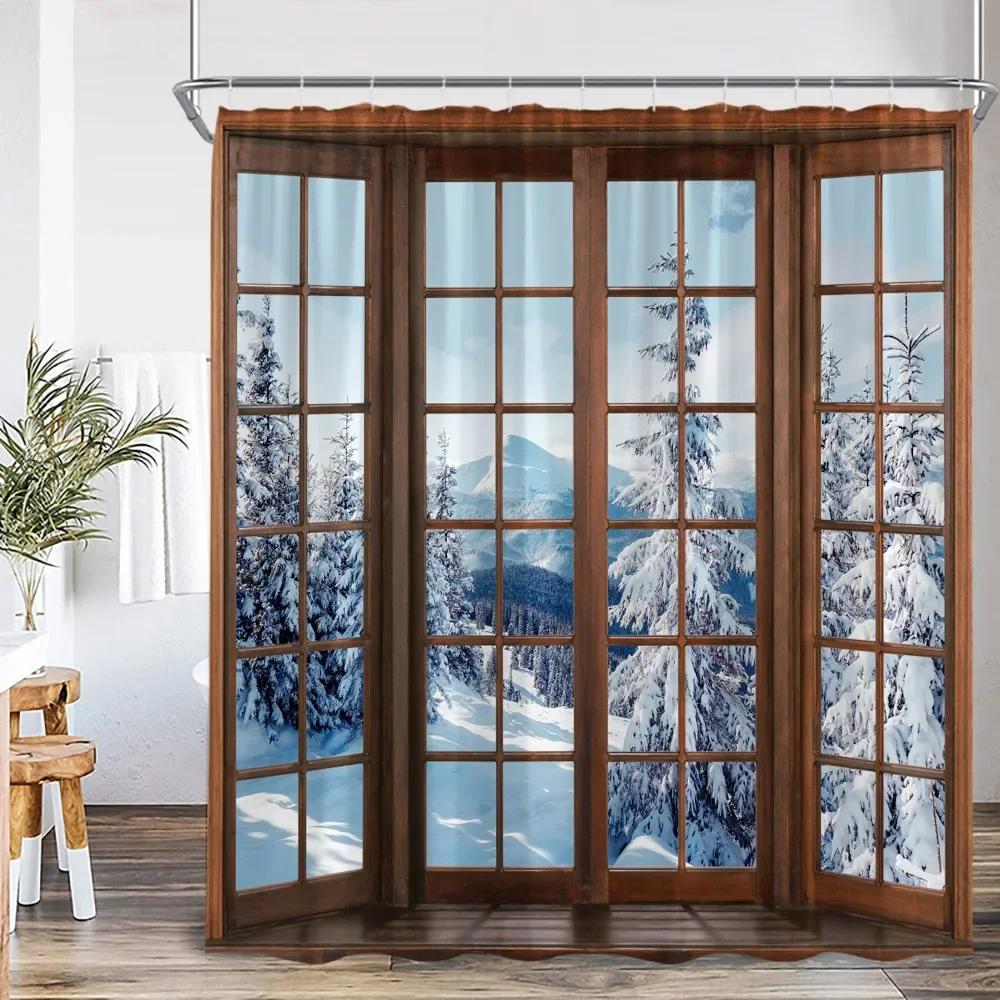Winter Forest Scenery Shower Curtain Snow Window Outside Nature Landscape Snowy Pine Tree Bathroom Decor Polyester Bath Curtain