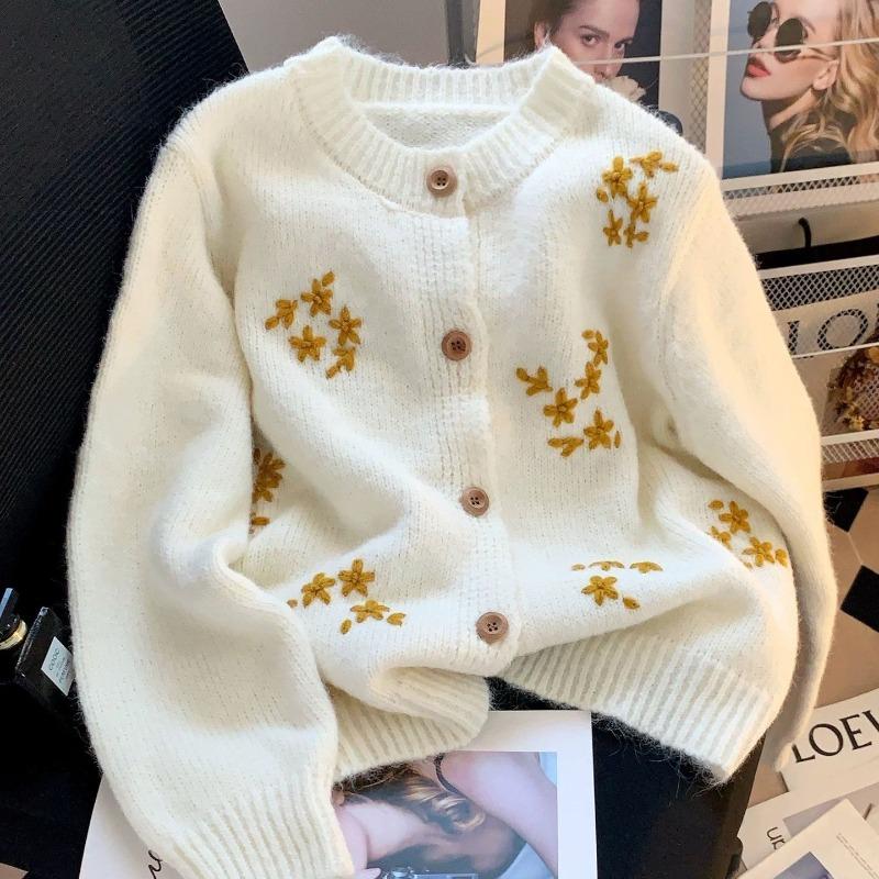 

Flower Women s Knitted Sweater Single Breasted Crew Neck Long Sleeved Cardigan Woman Korean Casual Loose Autumn Warm Top One Size