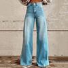 Women Wide Leg Pants High Waist 3D Print Casual Trousers with Pockets Button Zipper Closure Denim Pants