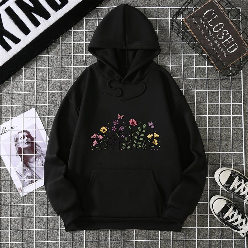 Rose Butterfly Impossible Letter Graphic Print Women Sweatshirt Fashion Hooded Loose Casual Hoodies Fleece Soft Clothing