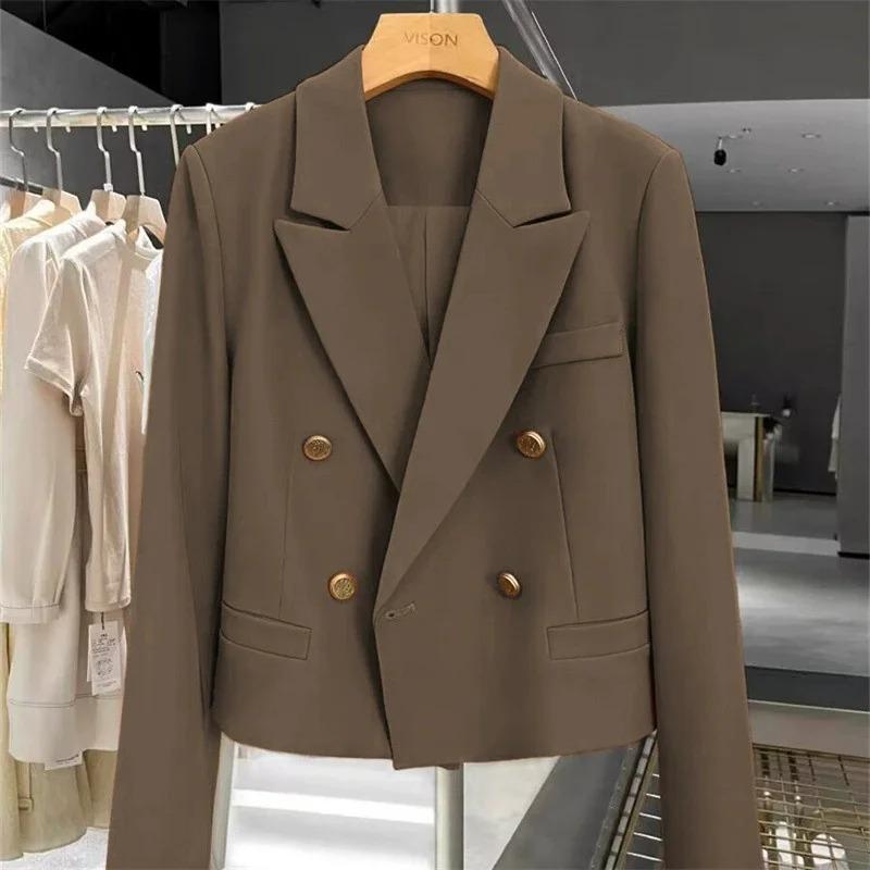 Blazers Cortos Ropa de Mujer Combinación Perfecta Chic Coreano Doble Botonadura Abrigo de Traje Ropa de Oficina para Señoras