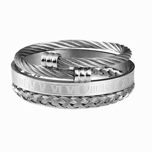 Luxury 3pcs /Set Stainless Steel Bracelet Hip Hop Men Jewelry Roman Number Charm Gold Color Jewelry For Men Pulseira Bileklik