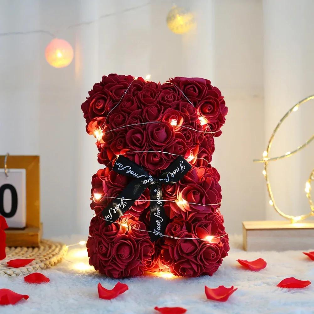 Eternal Flower 25cm Artificial Teddy Rose Flower Bear with Box Romantic Gift Girlfriend Women Mother Birthday Wedding Party Deco