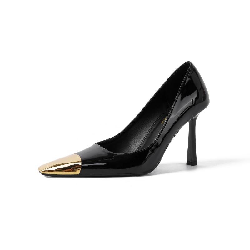 Poplar forest with the same metal square head sexy thin heel single shoes women's black patent leather versatile one-pedal iron head high heels