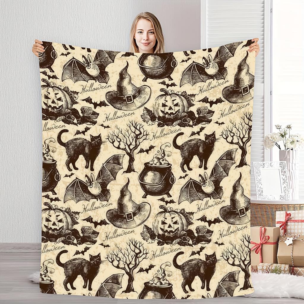 Halloween Vintage Flannel Fleece Blanket | Cozy All-Season Throw with Black Cat, Pumpkin, Bat & Witch Hat Designs Throw Blankets