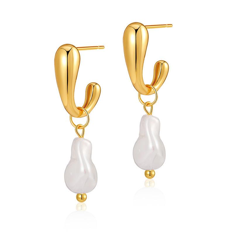 Trendy european and american style 18k gold plated brass pearl earrings - elegant stud earrings with shell pearls