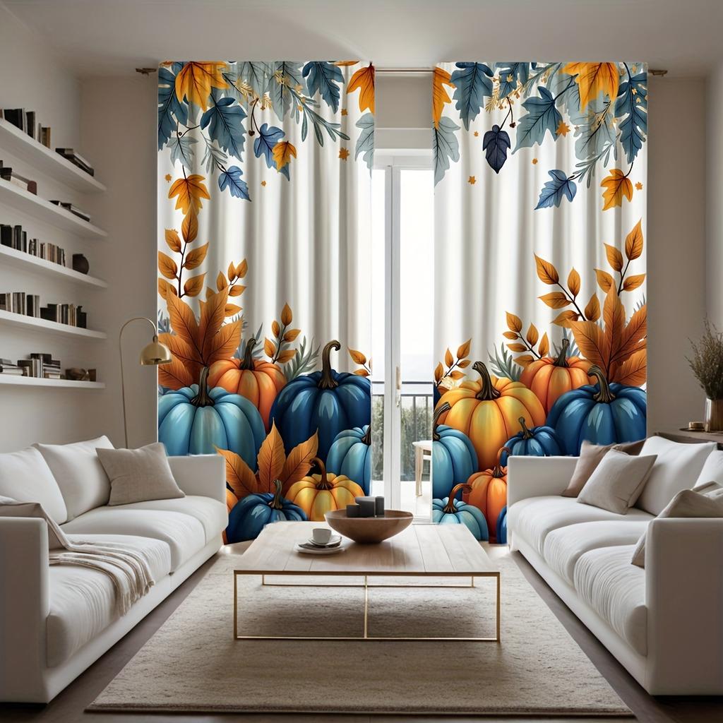 2pc Pumpkin and maple leaf print curtains   polyester fabric   machine washable   suitable for bedroom and living room decoration