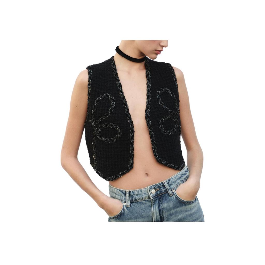 Zara Mode Offene Strickweste mit Glanzgarn Damen Tops Schwarz 4192121-800