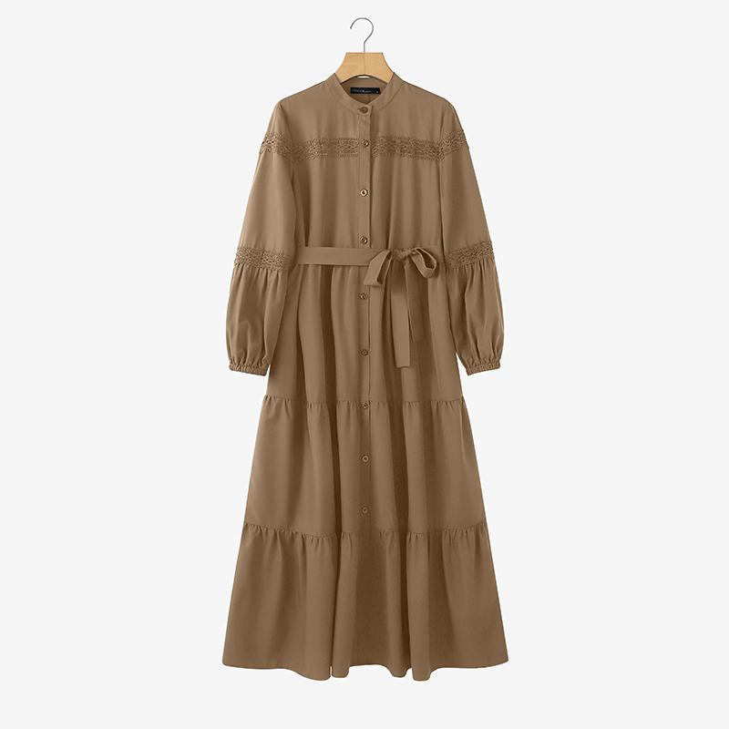 

ZANZEA Женское повседневное платье с круглым вырезом, длинными рукавами, свободного кроя, с кружевной вставкой, длинное XL хаки